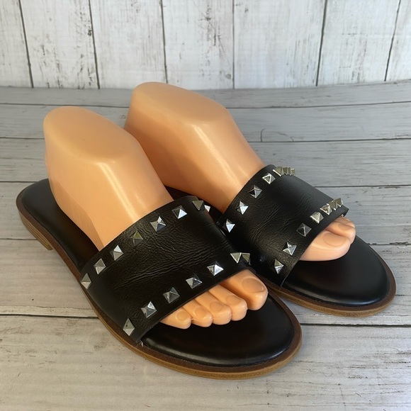 Sincerely Jules Black Silver Studded Slip On Slide Sandals - Picture 1 of 11